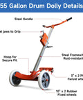 55 Gallon Drum Dolly Heavy Duty Drum Truck With Reinforced Steel Frame 1000 Lb Capacity showing steel handle and wheels.