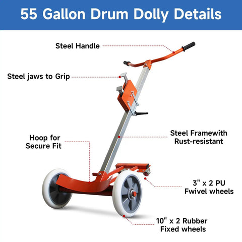 55 Gallon Drum Dolly Heavy Duty Drum Truck With Reinforced Steel Frame 1000 Lb Capacity showing steel handle and wheels.