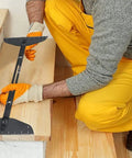 Person using Stair Tread Template Tool And Jig Gauge Set For Precise Tread And Riser Layout, Shelving Alignment, And Spiral Stair Stringer Measuring
