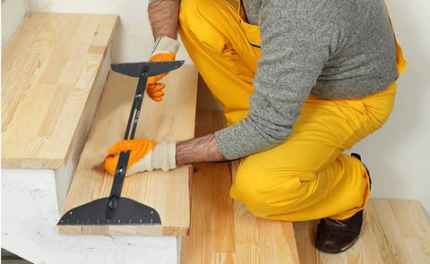 Person using Stair Tread Template Tool And Jig Gauge Set For Precise Tread And Riser Layout, Shelving Alignment, And Spiral Stair Stringer Measuring