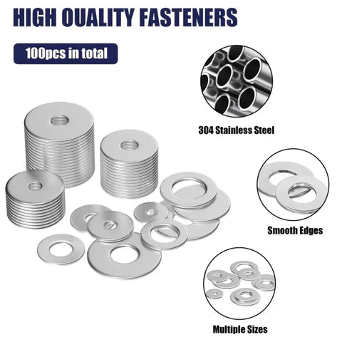 Stainless Steel Fender Washers Set 300-Piece Flat Shim Kit for Screws and Bolts, Assorted Sizes M3-M12, Distributes Pressure, Prevents Loosening, Protects Surfaces for Mechanical, Auto, Construction, and DIY Projects, 304 stainless steel washers