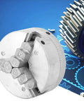 Rock Solid Three Jaw Lathe Chuck For Mini Metal Lathes Crafted From Thick Zinc Alloy showing independent jaws and gear teeth.