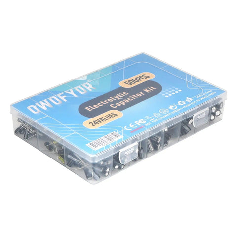 Electrolytic Capacitor Kit for DIY Electronics, 500 Piece Assortment With 24 Values From 0.1uF To 1000uF, 10V 16V 25V 50V in storage box