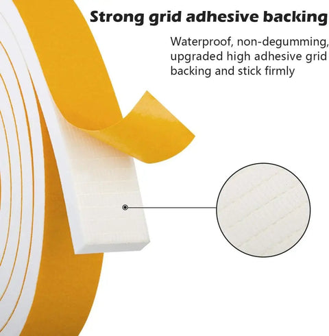 White Weather Seal Tape with strong grid adhesive backing revealing texture, 1/2 Inch By 1/2 Inch By 16 5 Ft Roll.