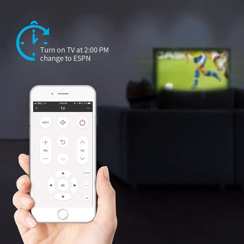 Hand holding smartphone with app controlling TV, showing WiFi Smart Home Hub RM Mini 3 Learning Universal IR Remote For TV AC