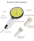 Pro Grade Dial Test Indicator Gauge 0 To 0.8 Mm, 0.01 mm Accuracy, Lever Dial Indicator with yellow anti-glare dial, dovetail, and sleeves