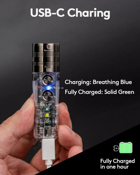 Hand holding Pocket EDC USB C Rechargeable Flashlight With Magnetic Clip, showing charging status with blue and green lights.