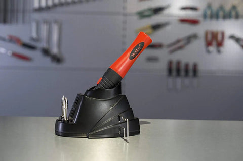 Cordless Soldering Iron With Rechargeable Lithium Ion Battery Portable Compact Tool in black and red stand on table