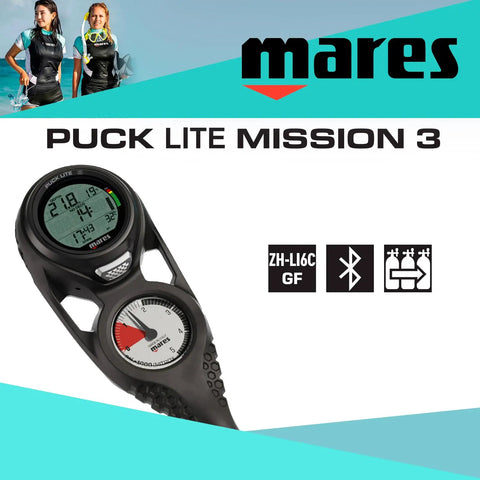 Puck Lite Mission 3 Dive Computer Console With Bluetooth and Pressure Gauge, Boss Buhlmann ZH L16C Algorithm featured in black casing.