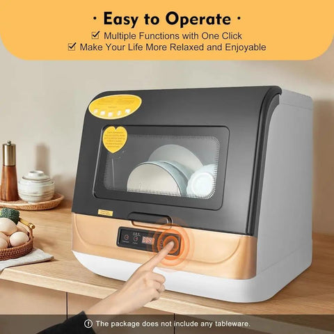 Smooth Operator Countertop Dishwasher With Heated Dry Cycle And Three Speed Wash Options, compact design with controls and plates visible.