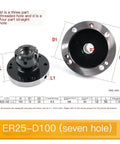 Top Tier Mini Flange Four Axis Collet Chuck For Lathe Tool In ER16 ER25 ER32 ER40 Sizes With 100mm Fixture Length and seven hole design.