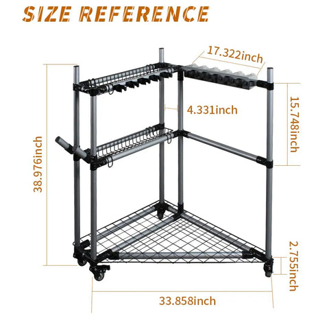Rolling Garden Tool Organizer With Wheels Corner Storage Rack for long handled tools, shown with size dimensions in inches.