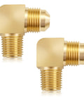 Two brass 90-degree elbow tube fittings, 3/8-in flare to 3/8-in male NPT, heavy-duty