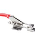 Heavy Duty 304 Stainless Steel Toggle Clamp With Strong Holding Latch Buckle For Electronic Assembly And Welding Projects, side view with red handle.