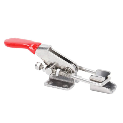 Heavy Duty 304 Stainless Steel Toggle Clamp With Strong Holding Latch Buckle For Electronic Assembly And Welding Projects, side view with red handle.