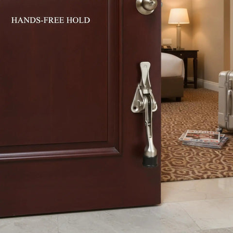 Foot Operated Door Stop With Zinc Alloy Floor Holder For Hands Free Entryway Access on interior wooden door in room