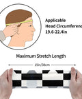 Fresh Black And White Piano Grid Print Sweatband Headband With Dope Stretchy Polyester Fabric For All Day Workout Comfort And Gym Vibes Plus Reliable Grip That Keeps Hair Back During Intense Training Sessions, measuring head circumference and maximum stretch length.