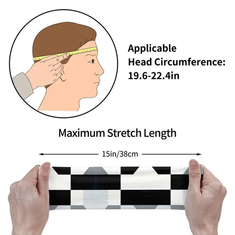 Fresh Black And White Piano Grid Print Sweatband Headband With Dope Stretchy Polyester Fabric For All Day Workout Comfort And Gym Vibes Plus Reliable Grip That Keeps Hair Back During Intense Training Sessions, measuring head circumference and maximum stretch length.
