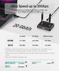 Dual Bay M.2 SSD Cloner Docking Station Offering 20Gbps Offline Duplication For Nvme To Nvme And Sata Drives With One Button Operation, displaying speed metrics and connection ports.