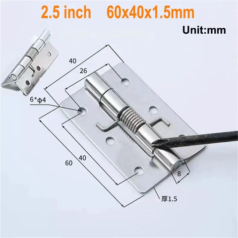 Heavy Duty Spring Loaded Door Hinge Set In Two And A Half Inch Three Inch Three Point Five Inch And Four Inch Sizes 304 Stainless Steel Gate Hinge Accessories For Exterior And Interior Doors 4 8 10 Pcs 304 stainless steel 2.5 inch hinge with dimensions