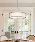 Three Light Drum Pendant With Fabric Shade And Glass Diffuser In Brushed Nickel, 18 Inch Ceiling Light Fixture For Living Room And Dining Area