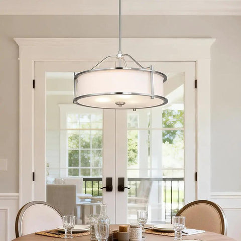 Three Light Drum Pendant With Fabric Shade And Glass Diffuser In Brushed Nickel, 18 Inch Ceiling Light Fixture For Living Room And Dining Area