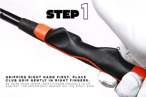 Close-up of Left-Handed Golf Grip Trainer Attachment For Dialing In Your Grip And Consistent Swings On The Club, Black in use.
