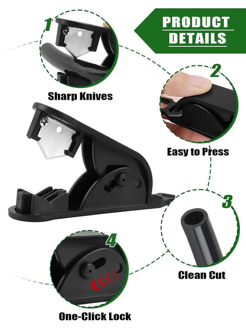 Close-up of knives and cutter from All In One Drip Irrigation Kit With 2 In 1 Hole Punch And Hose Cutter 34 Pc Tool Set