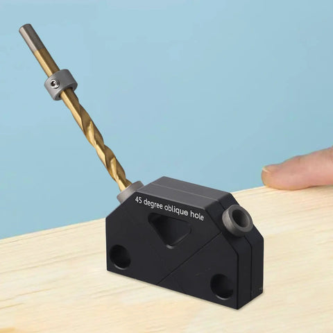 Top Tier 45 Degree Dowel Jig Wood Joinery Tool Aluminum Drill Guide for Furniture Crafts with 9.5mm drill bit in wood.