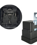 Close-up of a 24 Volt Thirty And Forty Amp SPDT Automotive Relay Kit Waterproof Five Pin, showing metal connectors and black casing.