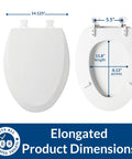 Durable Wood Toilet Seat With Easy Clean Hinges, Elongated White, 6 Pack, Made In USA, product dimensions shown