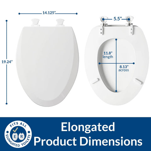 Built To Last Wooden Toilet Seat With Easy Clean Hinges Elongated White Made In USA, showing dimensions and ergonomic design