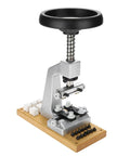 Pro Grade Watch Case Opener Kit For Bench Top With Six Notches And Adapter, ideal for watchmaking and repairs, featuring holder and chucks.