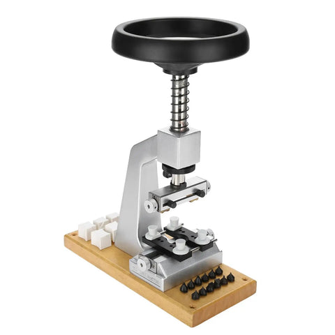 Pro Grade Watch Case Opener Kit For Bench Top With Six Notches And Adapter, ideal for watchmaking and repairs, featuring holder and chucks.