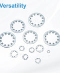 Assorted sizes of Three Quarter Inch Internal Tooth Lock Washer Set, 304 Stainless, silver tone against white background.