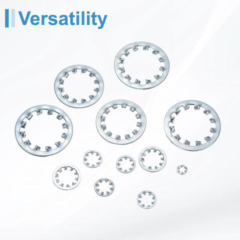 Assorted sizes of Three Quarter Inch Internal Tooth Lock Washer Set, 304 Stainless, silver tone against white background.