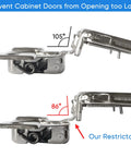 105° and 86° hinge angles with 55 Piece Door Hinge Shims and 86 Degree Cabinet Restrictor Clips Kit for a Smooth Soft Close