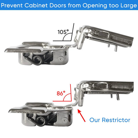 105° and 86° hinge angles with 55 Piece Door Hinge Shims and 86 Degree Cabinet Restrictor Clips Kit for a Smooth Soft Close