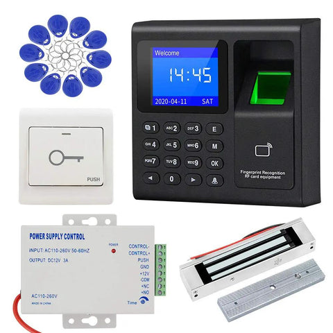 All In One RFID Access Control System With Fingerprint Scanner, Numeric Keypad, 12V Power Supply, Heavy Duty Magnetic Lock, Door Switch, And 125KHz ID Card Keychains, Offline Attendance Reports Via USB For Easy Office Security
