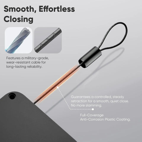 Heavy Duty Retractable Automatic Door Closer With Anti Slam Buffer For Ultra Smooth Glide And Zero Drama Toolless Setup Fits Standard Screen Sliding Doors showing military-grade wear-resistant cable and anti-corrosion coating.