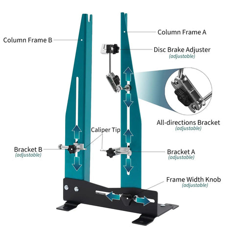 Wheel Truing Stand For 16-29 Inch Bikes, DIY Rim Maintenance Tool with adjustable column frames and brake adjuster