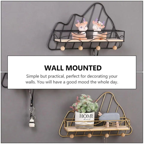 Golden Wall Mount Storage Rack With Heavy Duty Iron And Wood, Slick Hook Organizer For Kitchen Bedroom, showcasing two designs mounted on walls.