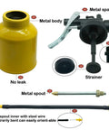 JUNCHI hand pump oiler can, 8 oz capacity; yellow metal body with metal spout and long flex spout, strainer