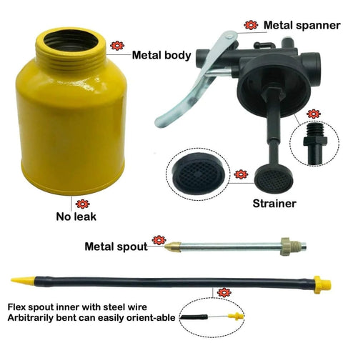 JUNCHI hand pump oiler can, 8 oz capacity; yellow metal body with metal spout and long flex spout, strainer