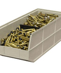 Heavy Duty Plastic Stacking Storage Bins In Beige Featuring A Six Pack Bundle With Reinforced Structural Frames For Rock Solid Load Support and top shelf garage organization system filled with bolts.