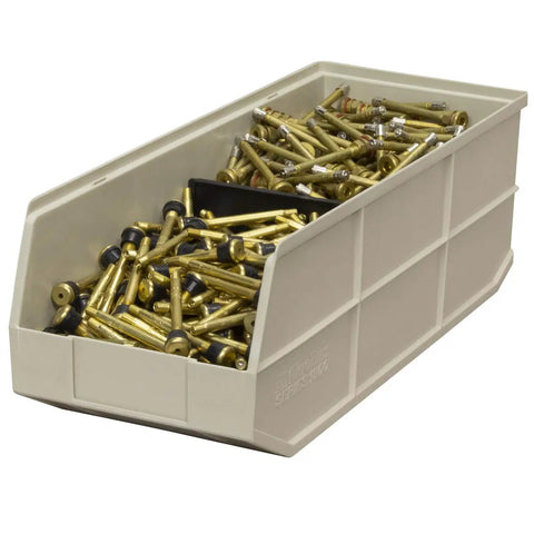 Heavy Duty Plastic Stacking Storage Bins In Beige Featuring A Six Pack Bundle With Reinforced Structural Frames For Rock Solid Load Support and top shelf garage organization system filled with bolts.