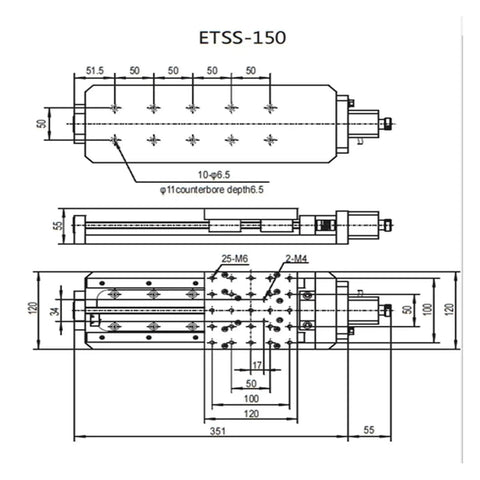 ETSS-150 technical drawing showing dimensions for Motorized Rotary Positioning Stage Featuring Crisp Tracking Xy Cross Slide.