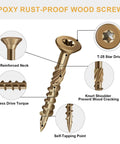 Illustration of Go-To One And A Half Inch Size 8 Deck Screws With Golden Brown Epoxy Coating For Outdoor Wood, Torx T25 Star Drive, features labeled.
