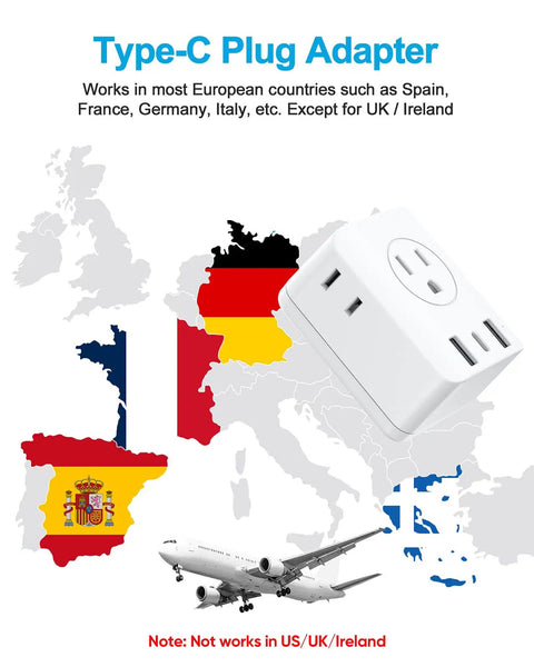 Seven In One Foldable European Travel Plug Adapter With Four AC Outlets And Three USB Ports Type C, map background
