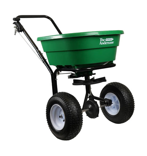 Walk-Behind Broadcast Spreader for Fertilizer, Grass Seed and Salt, 80 Lb Hopper with hopper cover, spider agitator, 12-inch tires